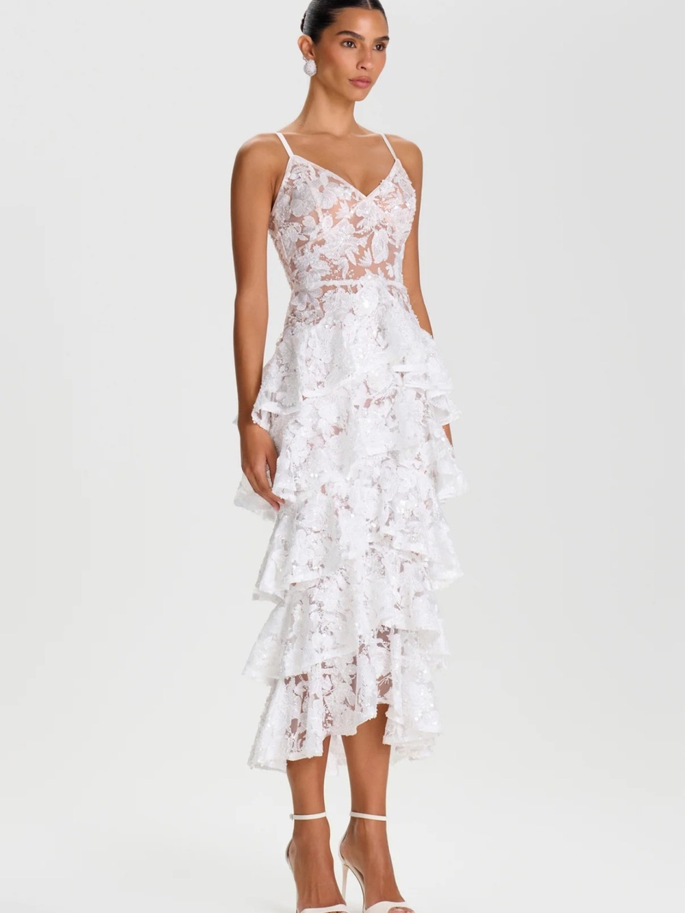 NADINE MERABI White Lace Ruffled Midi Dress with Spaghetti Straps